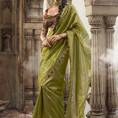 Green And Red Multi Embroidered Tissue Silk Saree