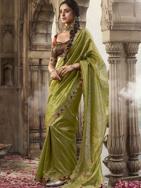 Green And Red Multi Embroidered Tissue Silk Saree