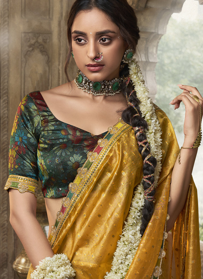Yellow Multi Embroidered Tissue Silk Saree