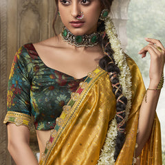 Yellow Multi Embroidered Tissue Silk Saree