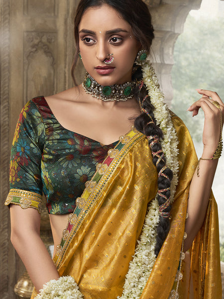 Yellow Multi Embroidered Tissue Silk Saree