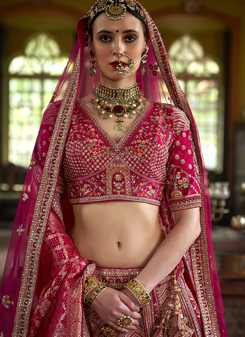 Magenta Pink Multi Silk Embroidered Wedding Lehenga Choli