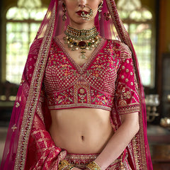Magenta Pink Multi Silk Embroidered Wedding Lehenga Choli