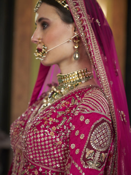 Magenta Pink Multi Silk Embroidered Wedding Lehenga Choli