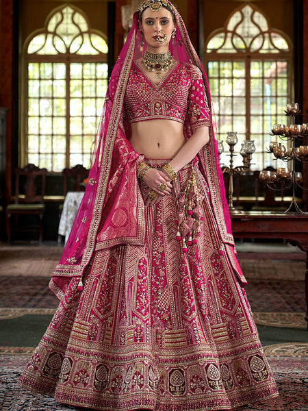 Magenta Pink Multi Silk Embroidered Wedding Lehenga Choli