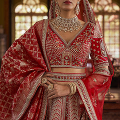 Crimson Red Multi Silk Embroidered Wedding Lehenga Choli