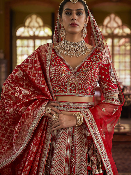 Crimson Red Multi Silk Embroidered Wedding Lehenga Choli