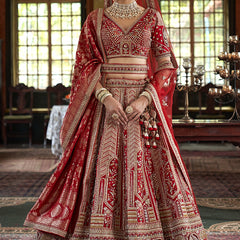 Crimson Red Multi Silk Embroidered Wedding Lehenga Choli