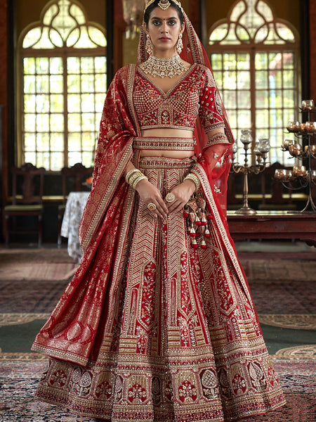 Crimson Red Multi Silk Embroidered Wedding Lehenga Choli