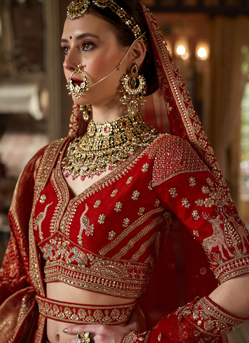 Ruby Red Silk Embroidered Wedding Lehenga Choli