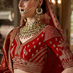 Ruby Red Silk Embroidered Wedding Lehenga Choli
