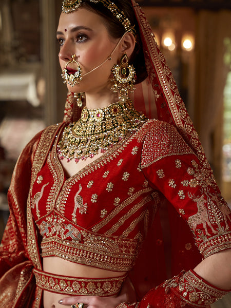 Ruby Red Silk Embroidered Wedding Lehenga Choli