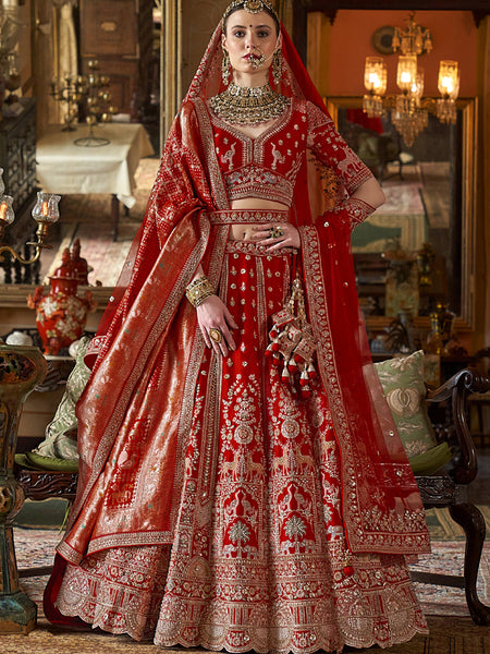 Ruby Red Silk Embroidered Wedding Lehenga Choli