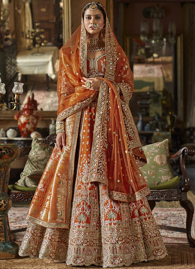 Orange Silk Embroidered Wedding Lehenga Choli