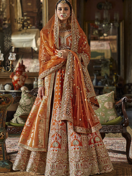Orange Silk Embroidered Wedding Lehenga Choli