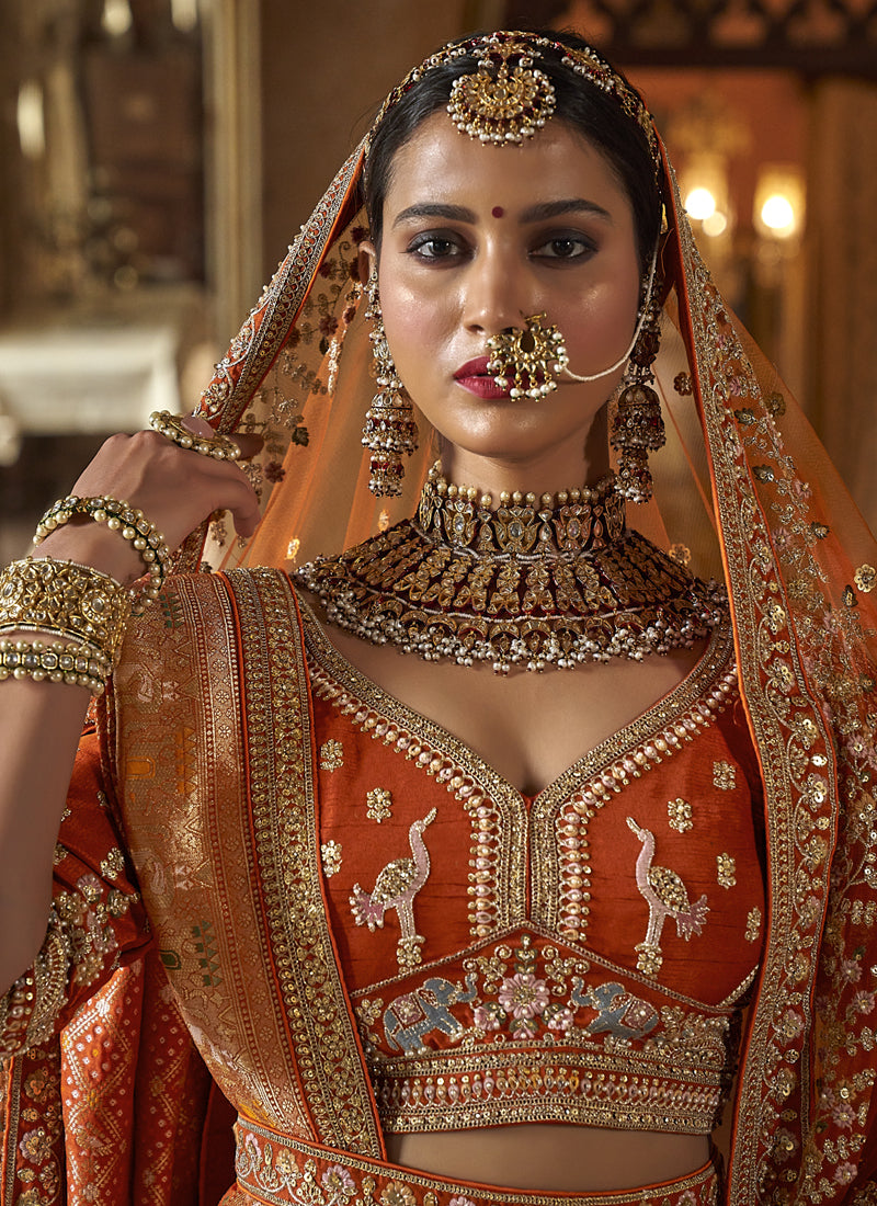 Orange Silk Embroidered Wedding Lehenga Choli