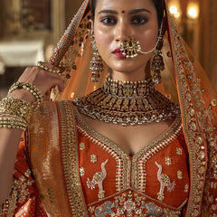Orange Silk Embroidered Wedding Lehenga Choli
