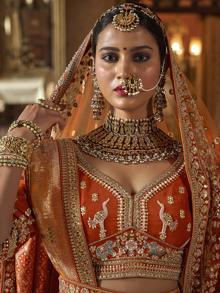 Orange Silk Embroidered Wedding Lehenga Choli