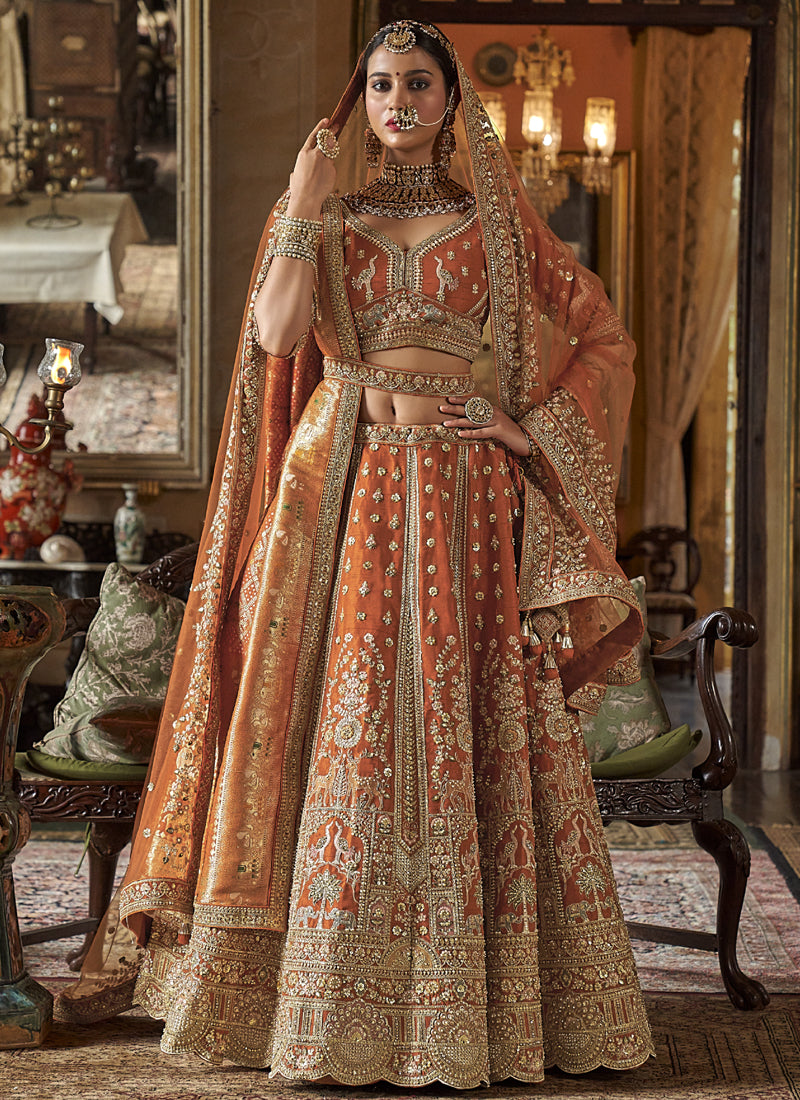 Orange Silk Embroidered Wedding Lehenga Choli