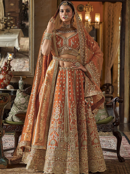 Orange Silk Embroidered Wedding Lehenga Choli