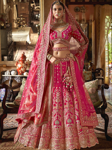 Rich Pink Silk Embroidered Wedding Lehenga Choli