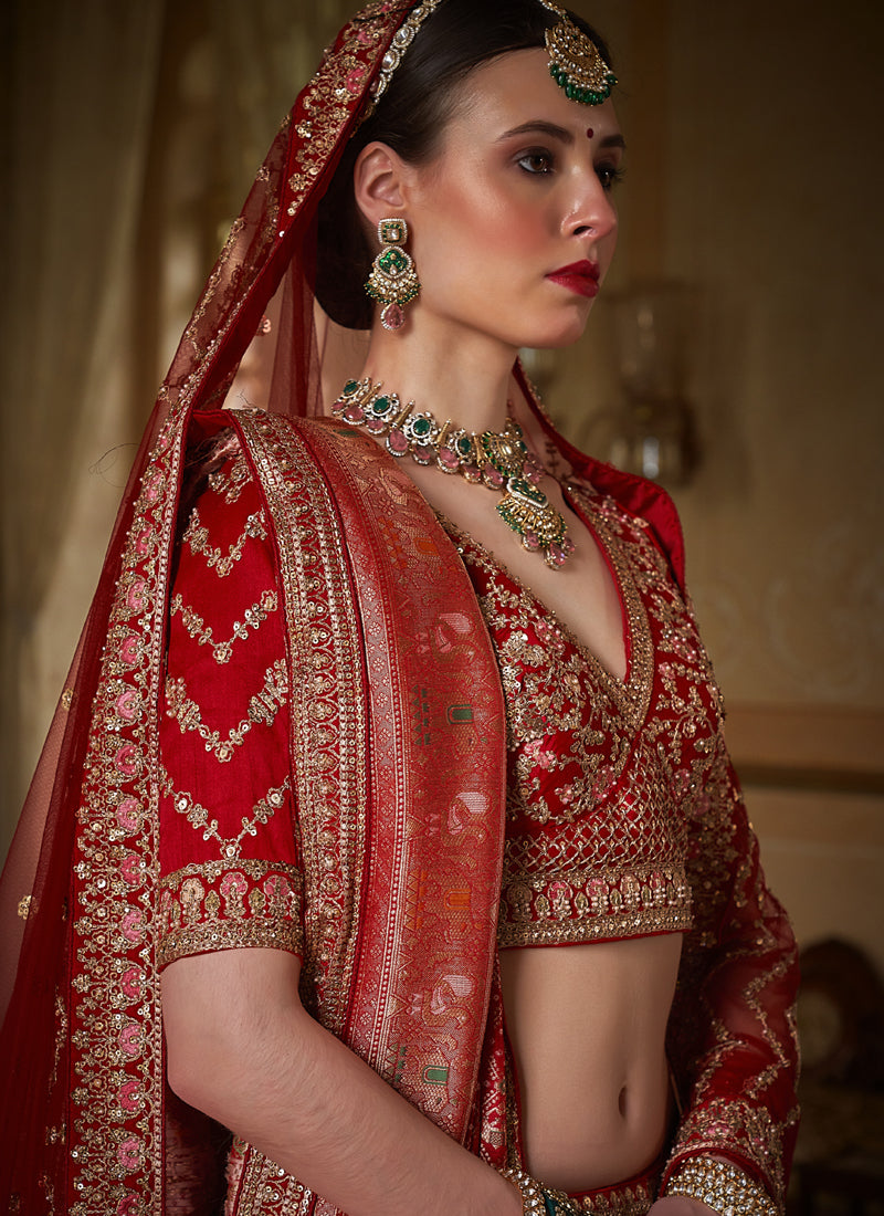 Red Multi Embroidered Wedding Lehenga Choli