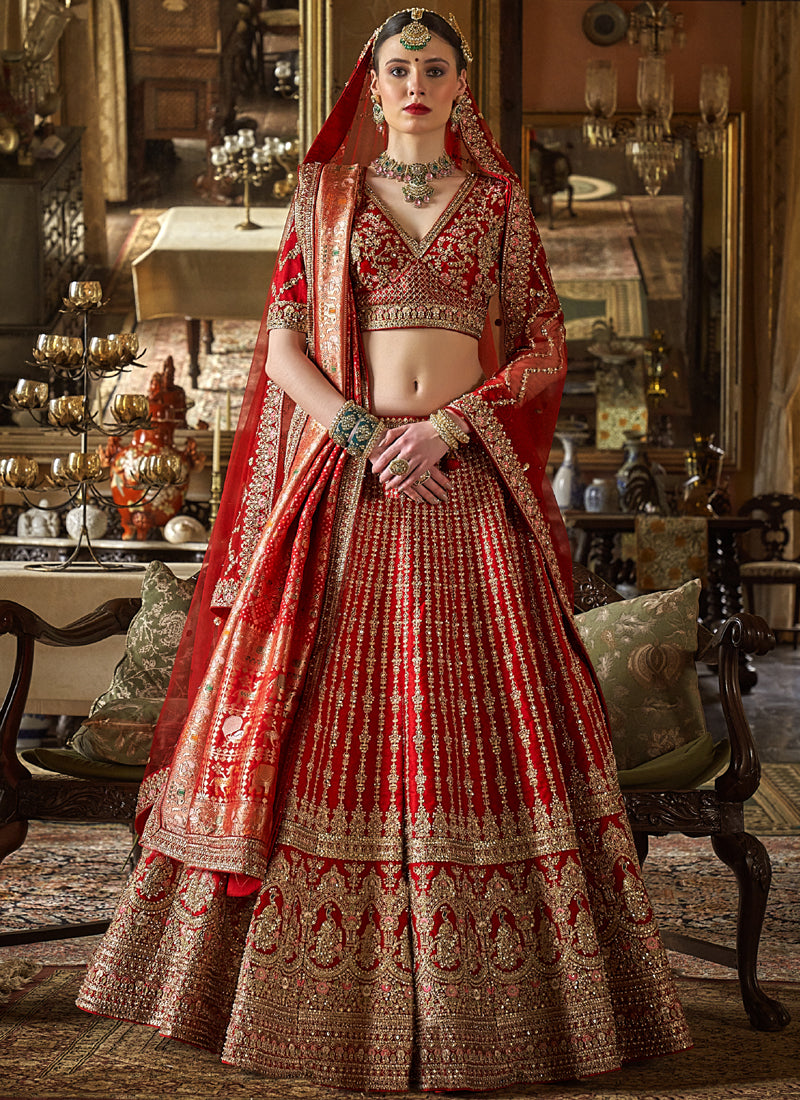 Red Multi Embroidered Wedding Lehenga Choli