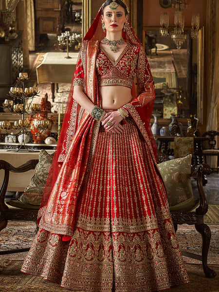 Red Multi Embroidered Wedding Lehenga Choli