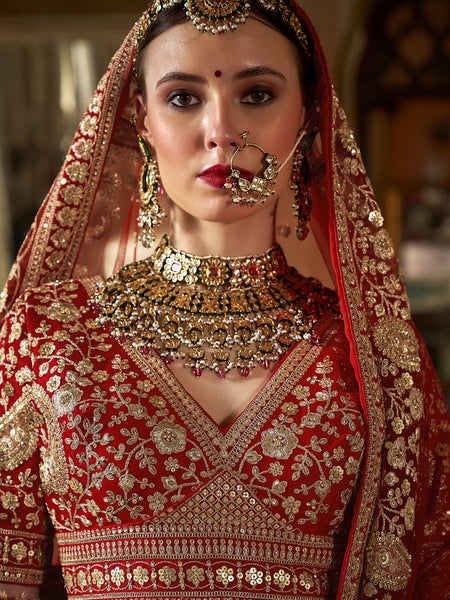 Persian Red Multi Silk Embroidered Wedding Lehenga Choli