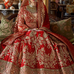 Persian Red Multi Silk Embroidered Wedding Lehenga Choli