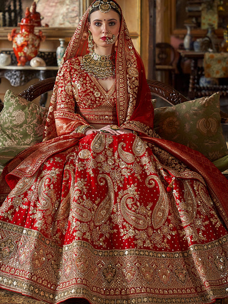 Persian Red Multi Silk Embroidered Wedding Lehenga Choli