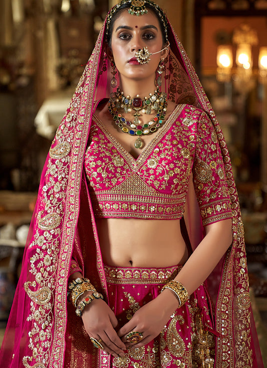 Bridal Pink Multi Silk Embroidered Wedding Lehenga Choli