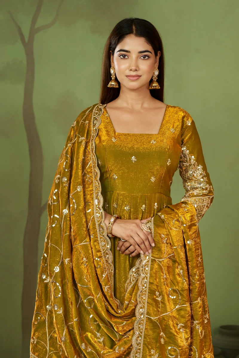 Mustard Jelly Simmar Silk Embroidered Anarkali Suit with Dupatta