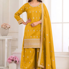 Dark-Yellow Embroidery Real Simar Silk Salwar suit