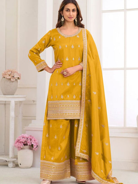 Dark-Yellow Embroidery Real Simar Silk Salwar suit