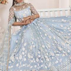 Light Sky Butterfly Net Embroidered Thread Wedding Lehenga