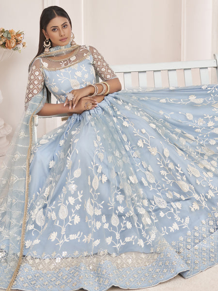 Light Sky Butterfly Net Embroidered Thread Wedding Lehenga
