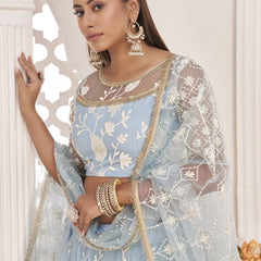 Light Sky Butterfly Net Embroidered Thread Wedding Lehenga