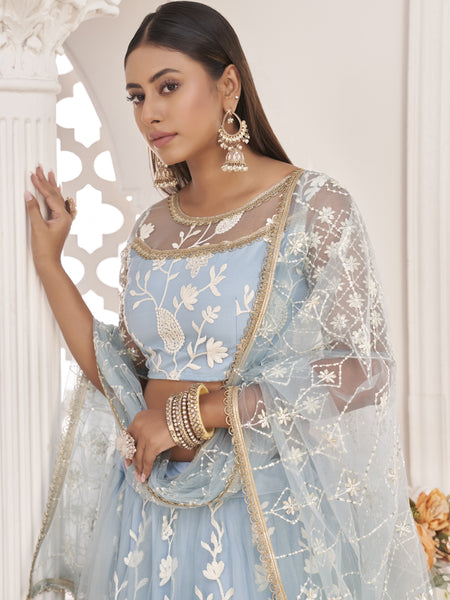 Light Sky Butterfly Net Embroidered Thread Wedding Lehenga