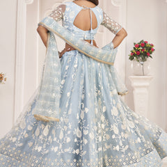 Light Sky Butterfly Net Embroidered Thread Wedding Lehenga