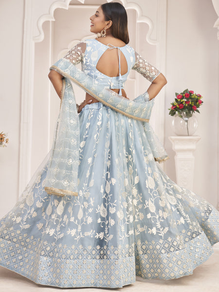 Light Sky Butterfly Net Embroidered Thread Wedding Lehenga