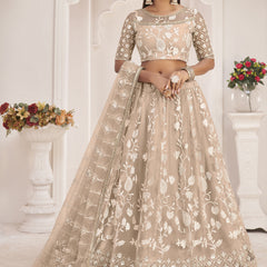 Dusty Chiku Butterfly Net Embroidered Thread Wedding Lehenga