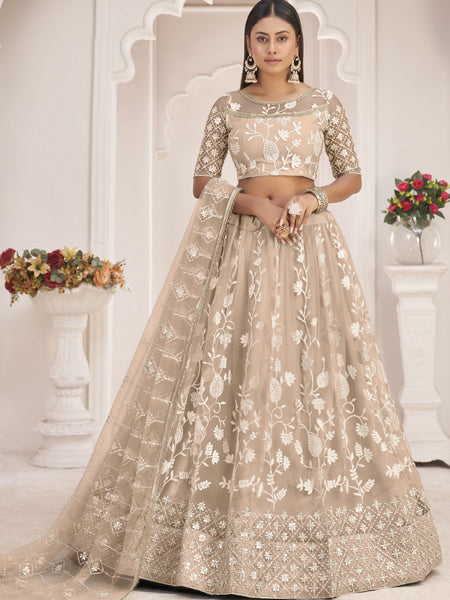 Dusty Chiku Butterfly Net Embroidered Thread Wedding Lehenga