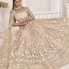 Dusty Chiku Butterfly Net Embroidered Thread Wedding Lehenga