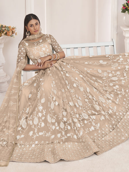 Dusty Chiku Butterfly Net Embroidered Thread Wedding Lehenga