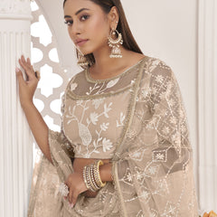 Dusty Chiku Butterfly Net Embroidered Thread Wedding Lehenga
