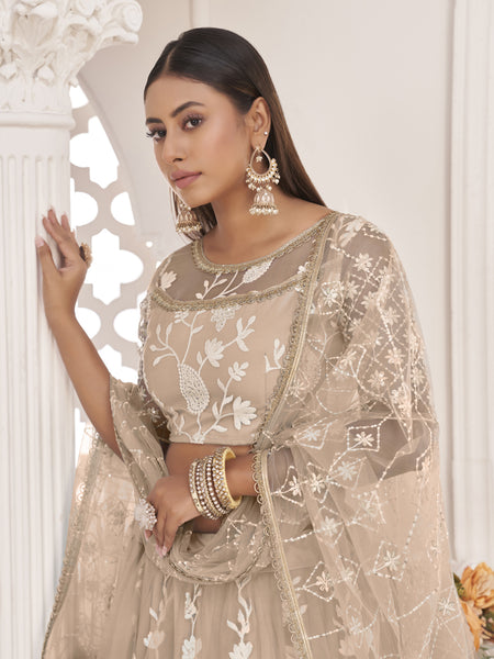 Dusty Chiku Butterfly Net Embroidered Thread Wedding Lehenga