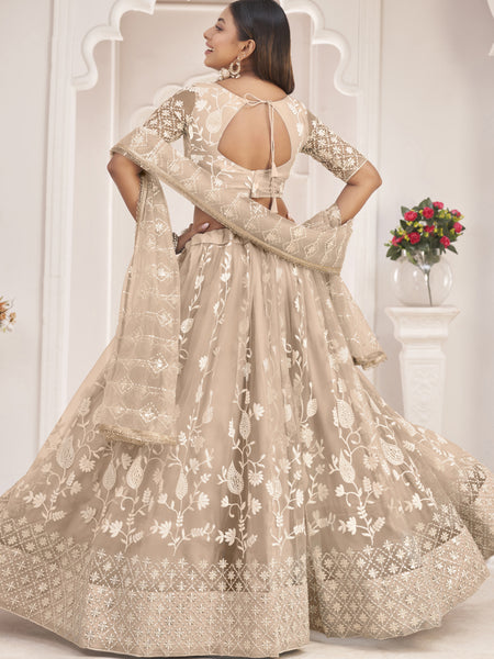 Dusty Chiku Butterfly Net Embroidered Thread Wedding Lehenga