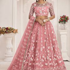 Peach Butterfly Net Embroidered Thread Wedding Lehenga
