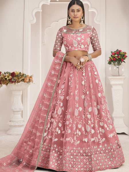 Peach Butterfly Net Embroidered Thread Wedding Lehenga